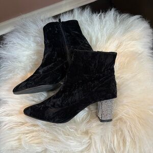 Velvet Crystal Heeled Black Velvet Ankle Boots